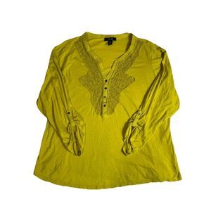 Style & Co. Women's 2X Green Embroidered Peasant Blouse 3/4 Sleeve Button Tie